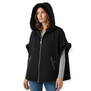 MAX&MOI Paris Merino Cashmere Hooded Cape 36 Black Mink Fur Trim Wool Poncho